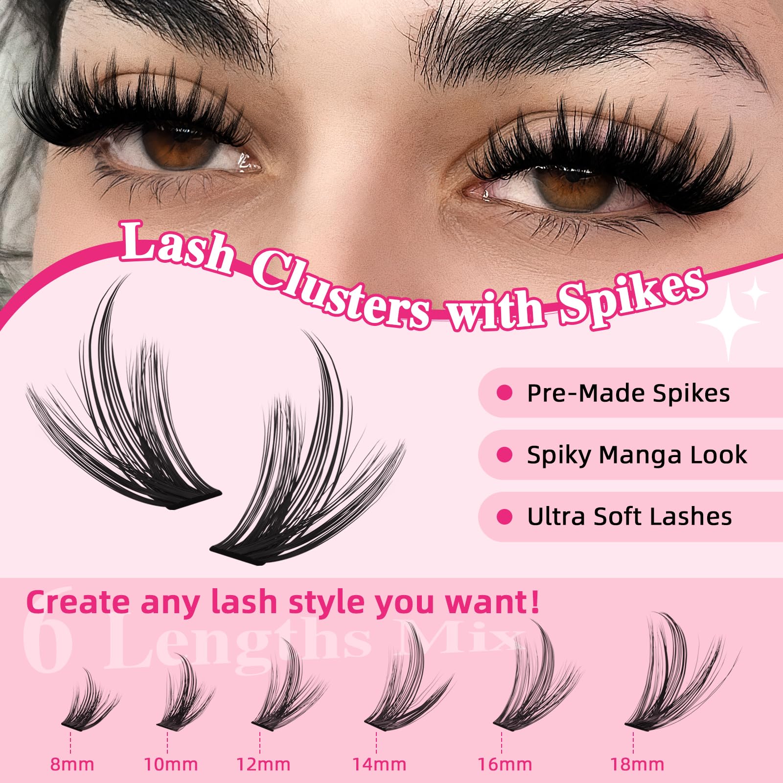 PRO LASHBEAUTY spiky lash clusters 200D adds volume with layering.