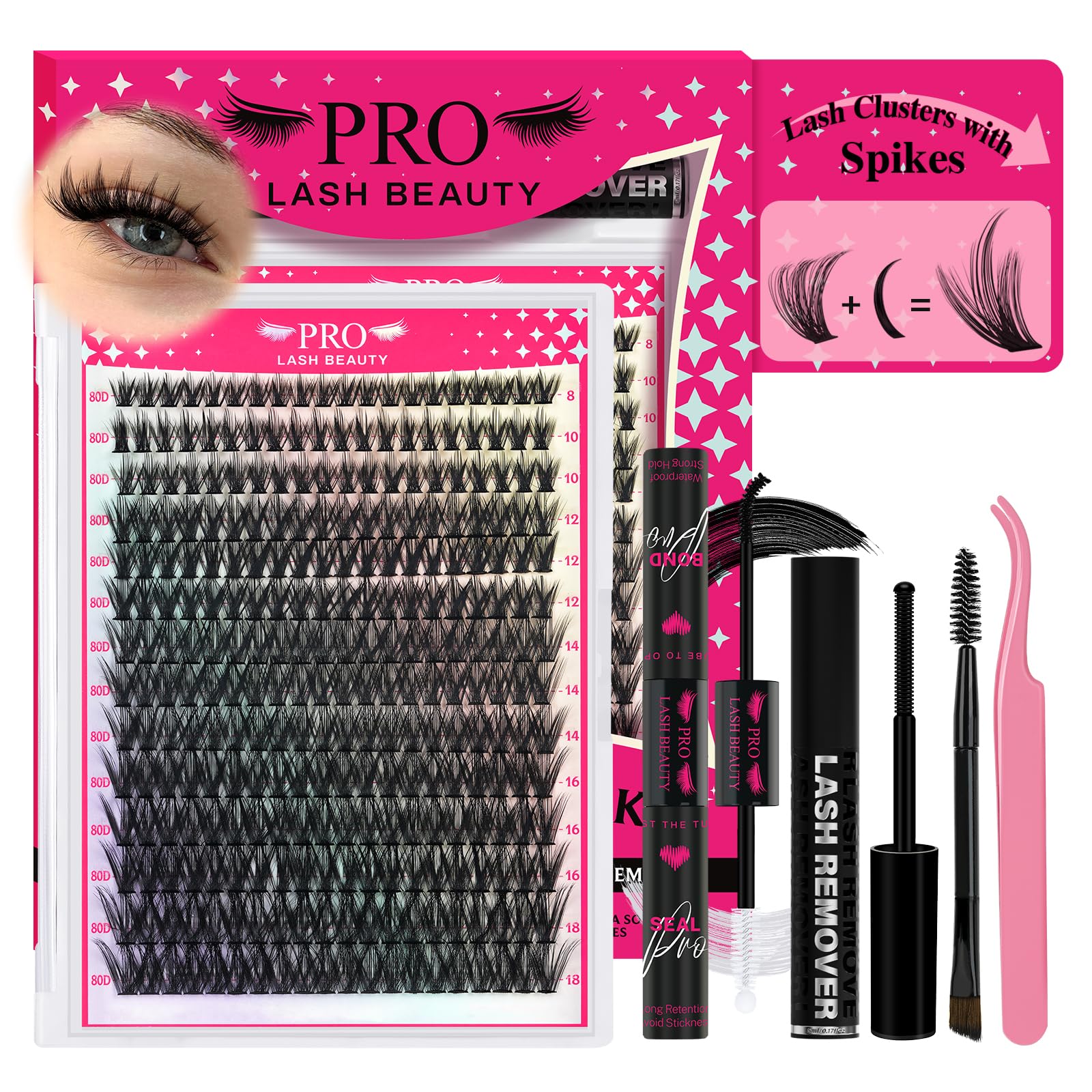 PRO LASHBEAUTY spiky lash clusters 80D viewed close up for dramatic fullness.