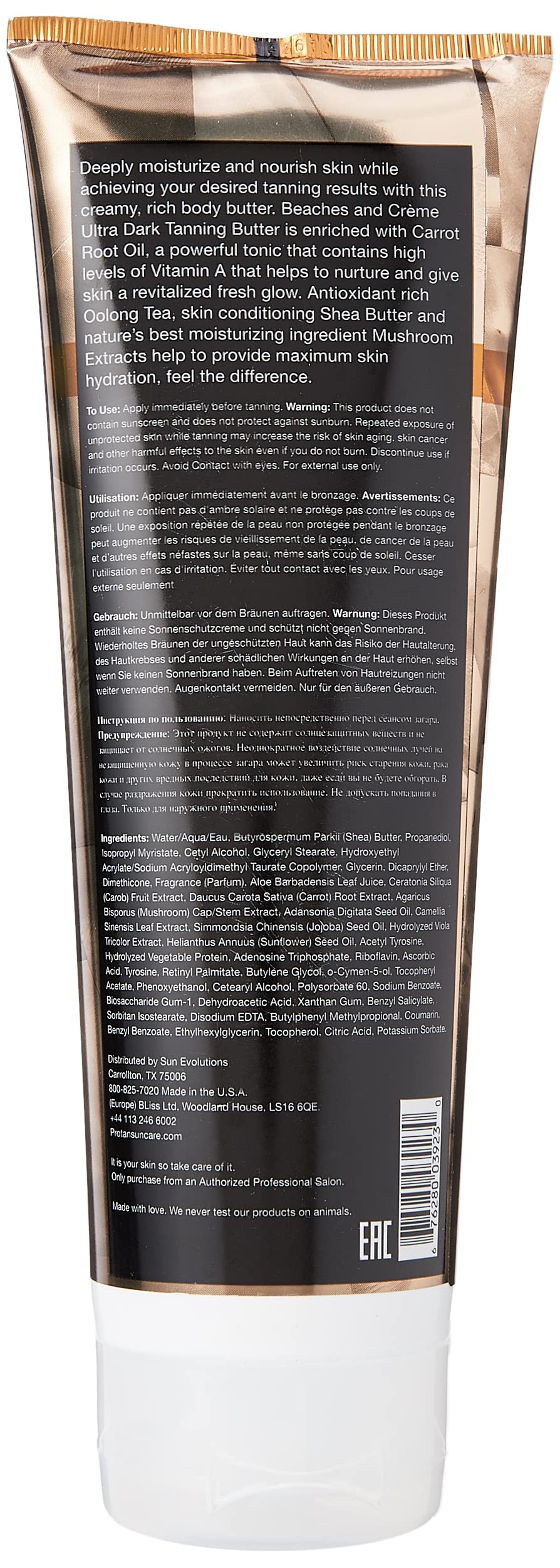 Pro Tan Beaches and Creme label highlights ocean-inspired fragrance and antioxidant-rich ingredients.