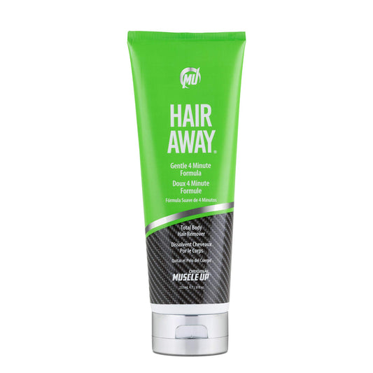 Pro Tan Hair Away bottle closeup highlighting the gentle formula for all skin types.
