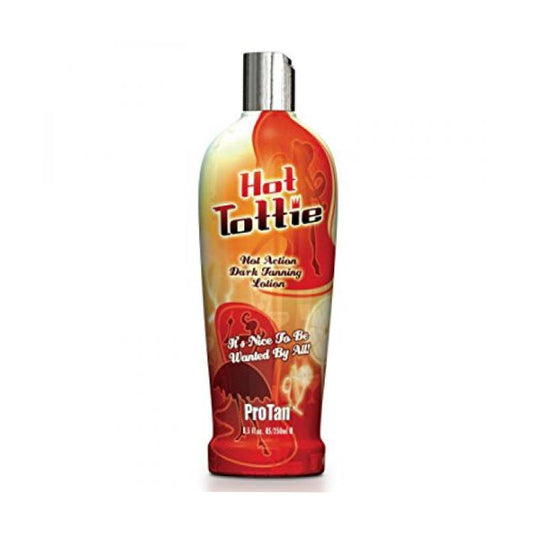 Pro Tan Hot Tottie tanning lotion bottle promising rosy glow and deep tan for sun-kissed skin