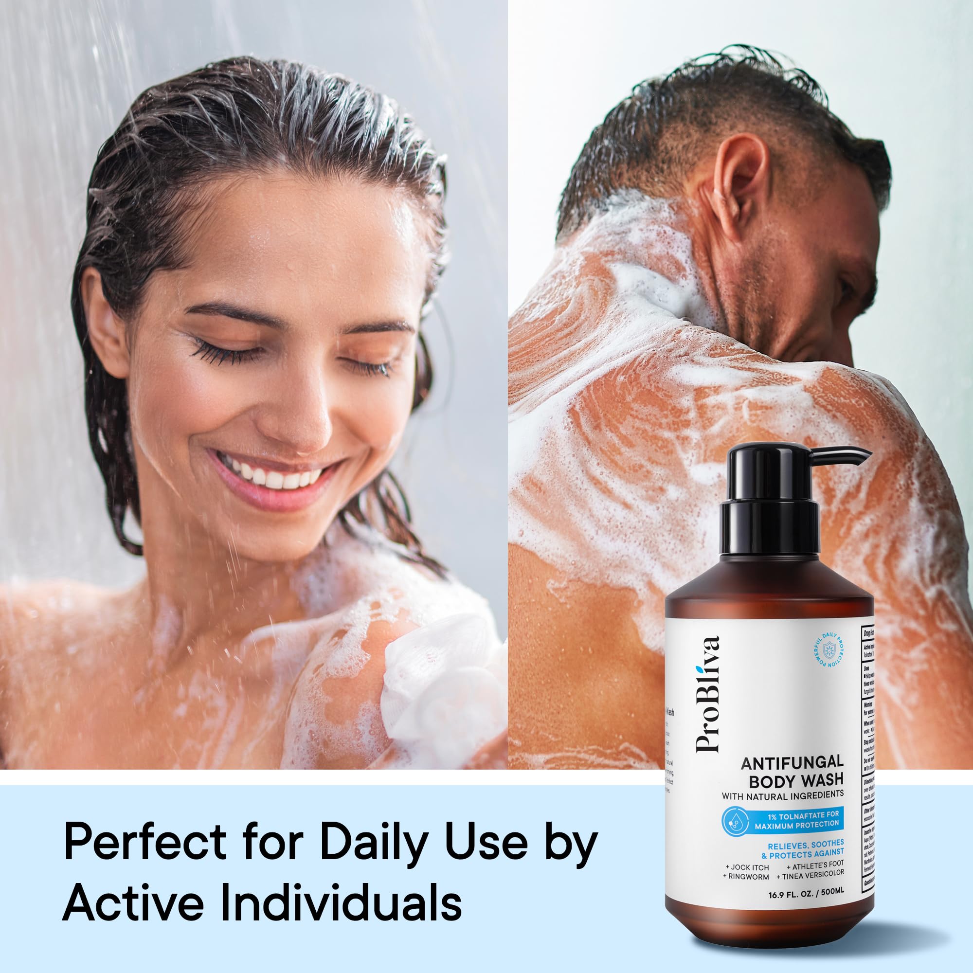 Probiva Antifungal Body Wash foam illustrating rich cleansing lather for active skin.