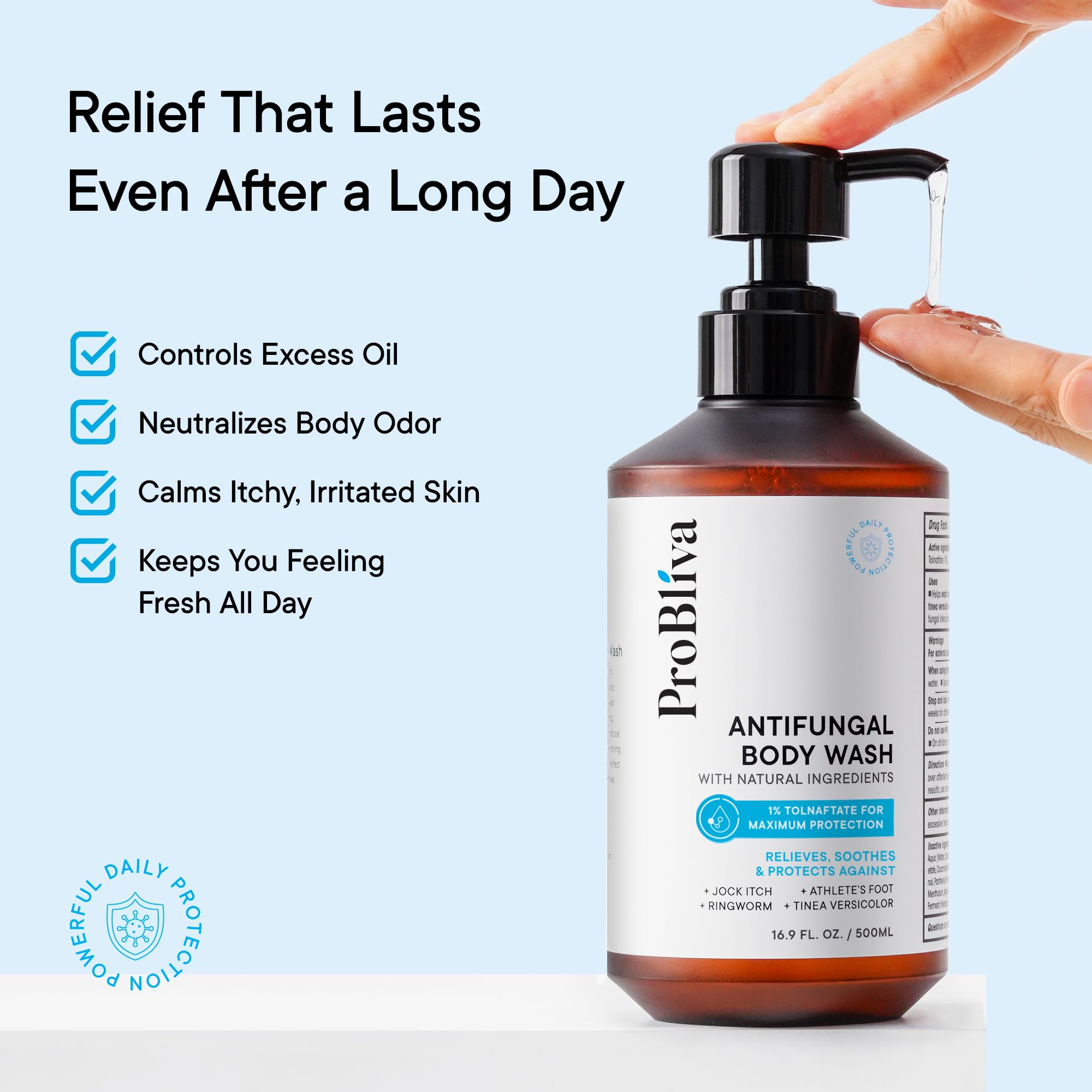 ProBliva Antifungal Body Wash with aloe and witch hazel soothes sensitive skin.