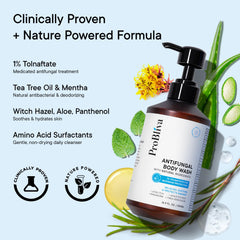 ProBliva Antifungal Body Wash with tea tree oil highlights natural cleansing benefits.