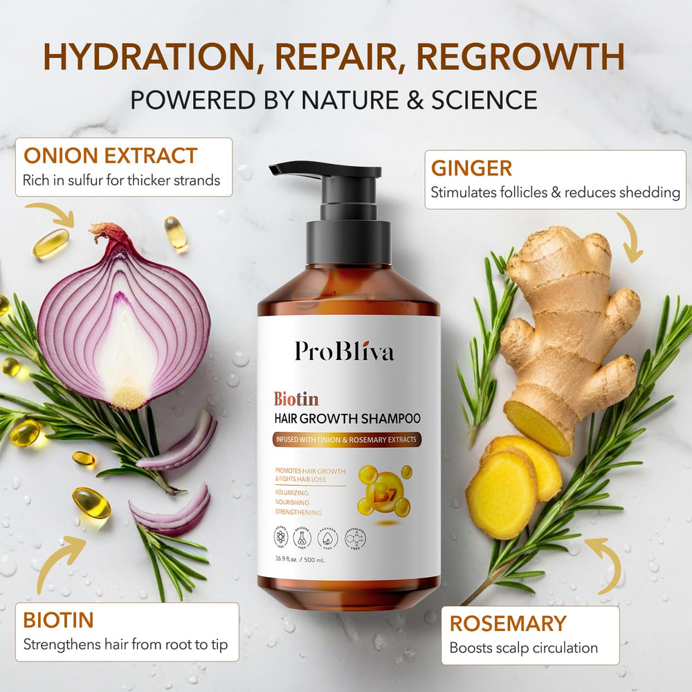 ProBliva Biotin Shampoo label close-up highlighting strengthening ingredients.