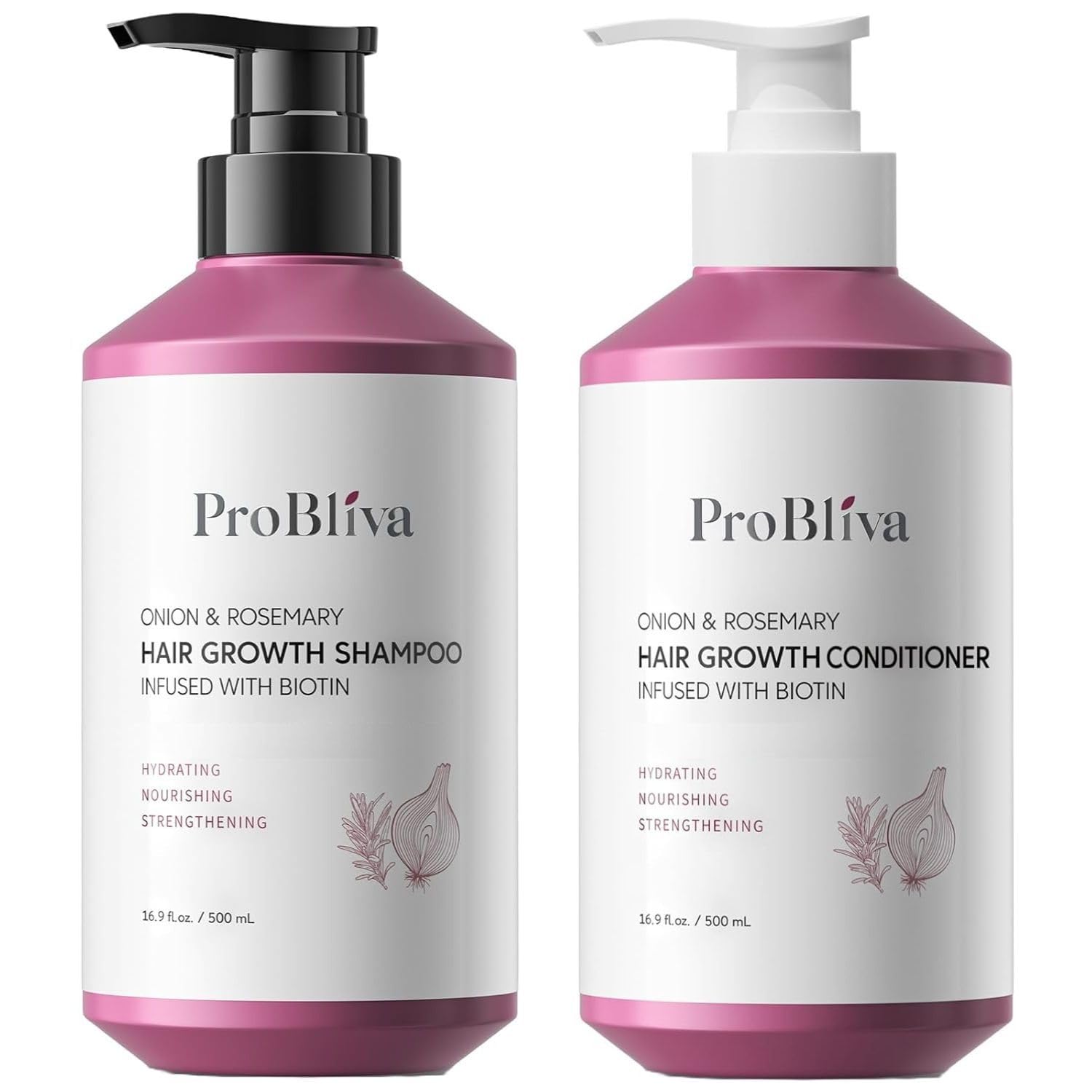 ProBliva onion-rosemary-biotin shampoo bottle nourishing thinning hair daily.