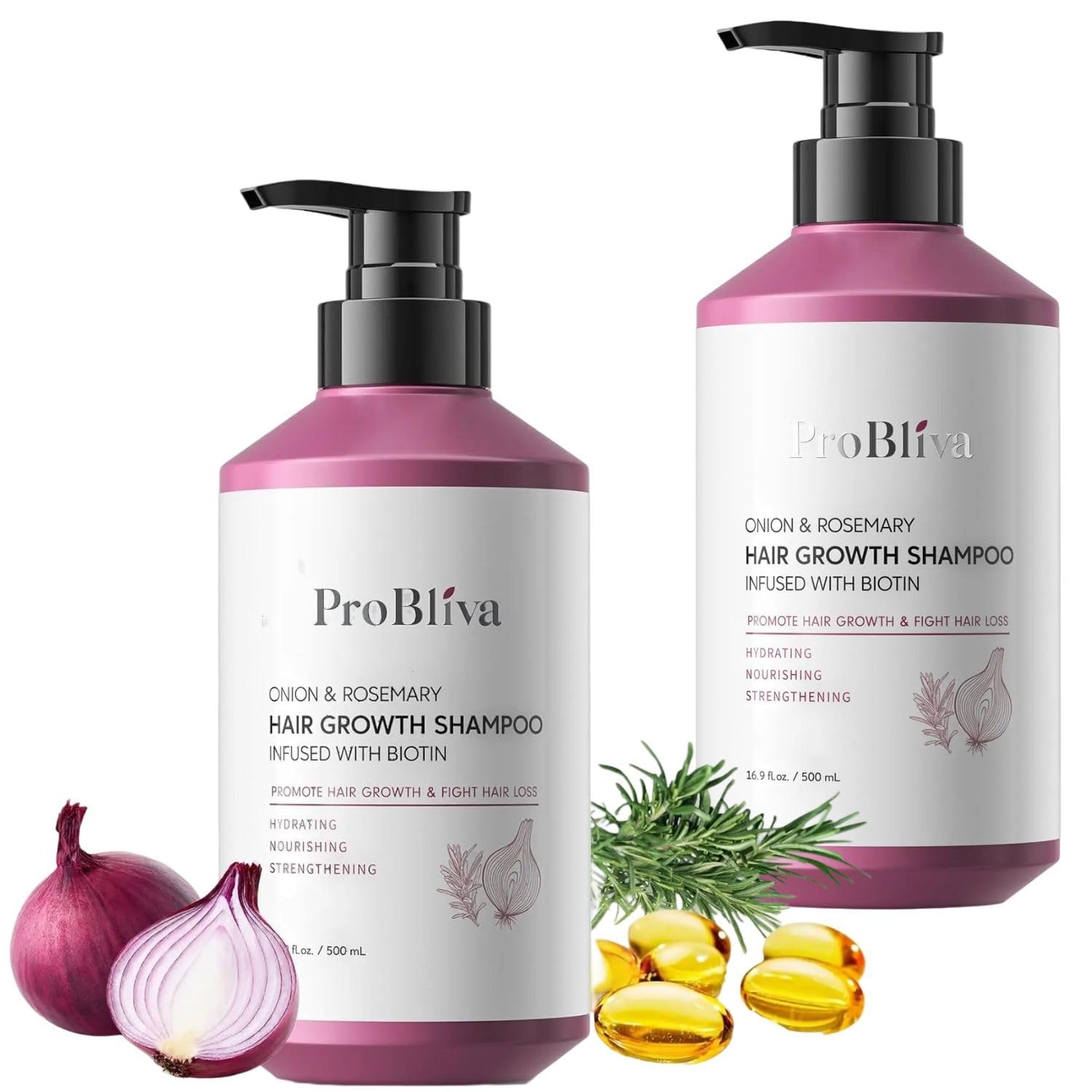 ProBliva onion-rosemary shampoo bottle promotes fuller, healthier hair.