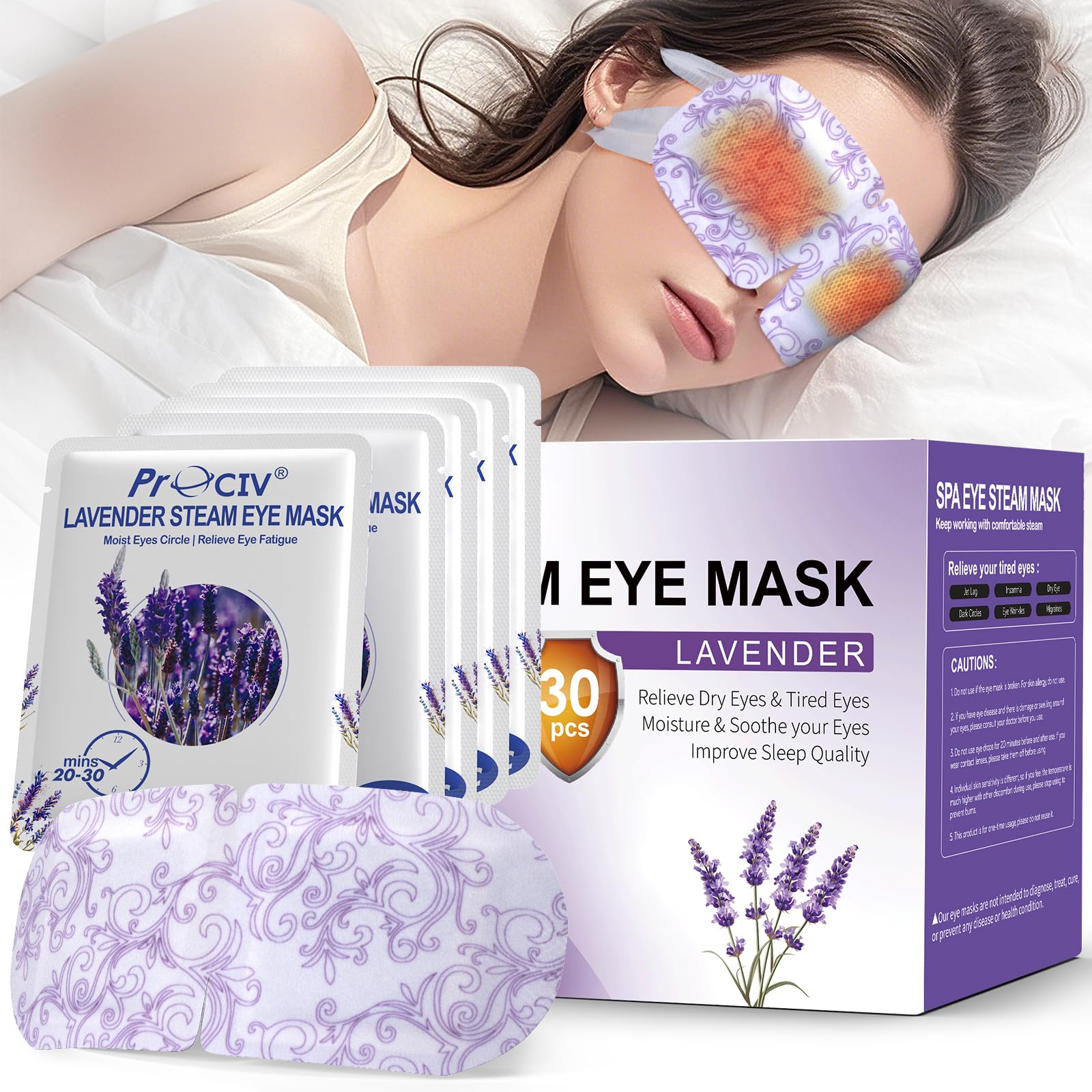ProCIV lavender steam eye mask 30-pack provides soothing relaxation for tired eyes.