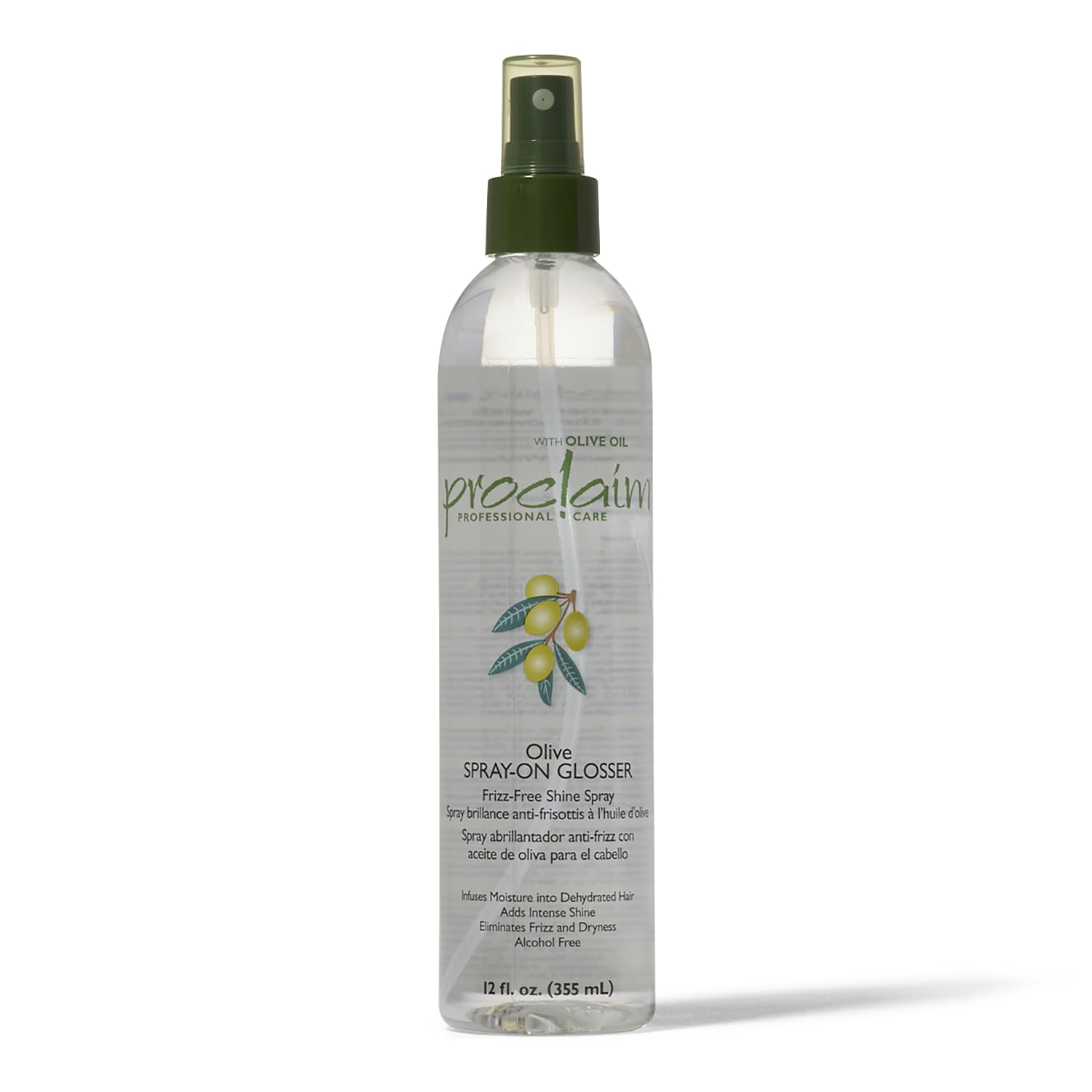 Proclaim Olive Spray On Glosser bottle closeup for smooth, detangled hair