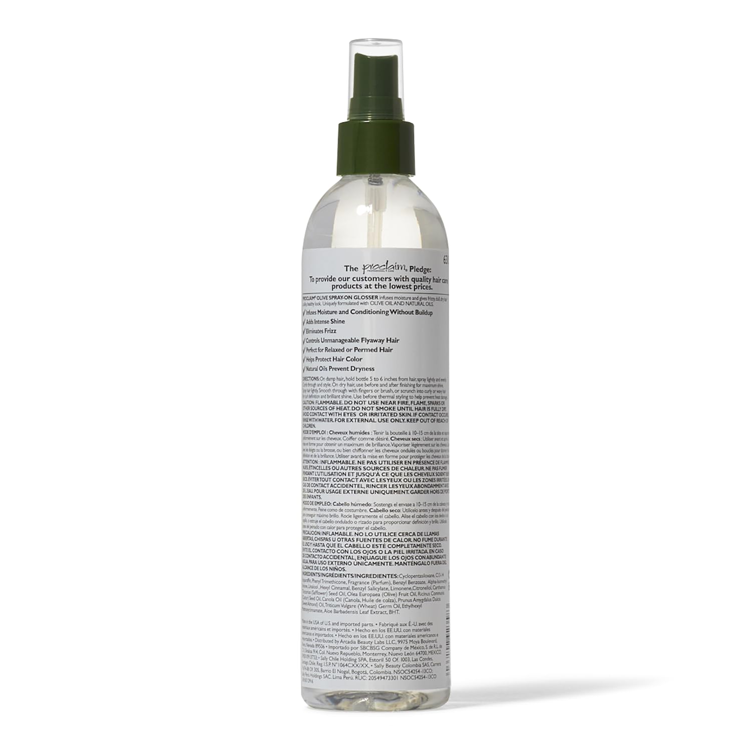 Proclaim Olive Spray On Glosser in use on hair for frizz control and shine