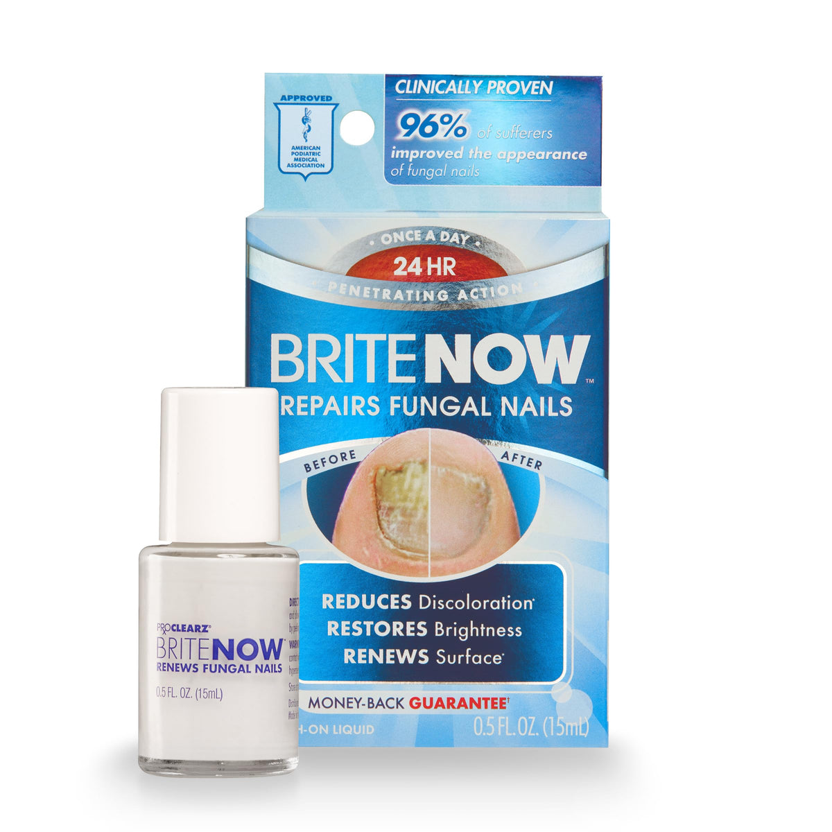 ProClearz Brite Now Nail Treatment delivers instant brightening and a smoother nail surface.