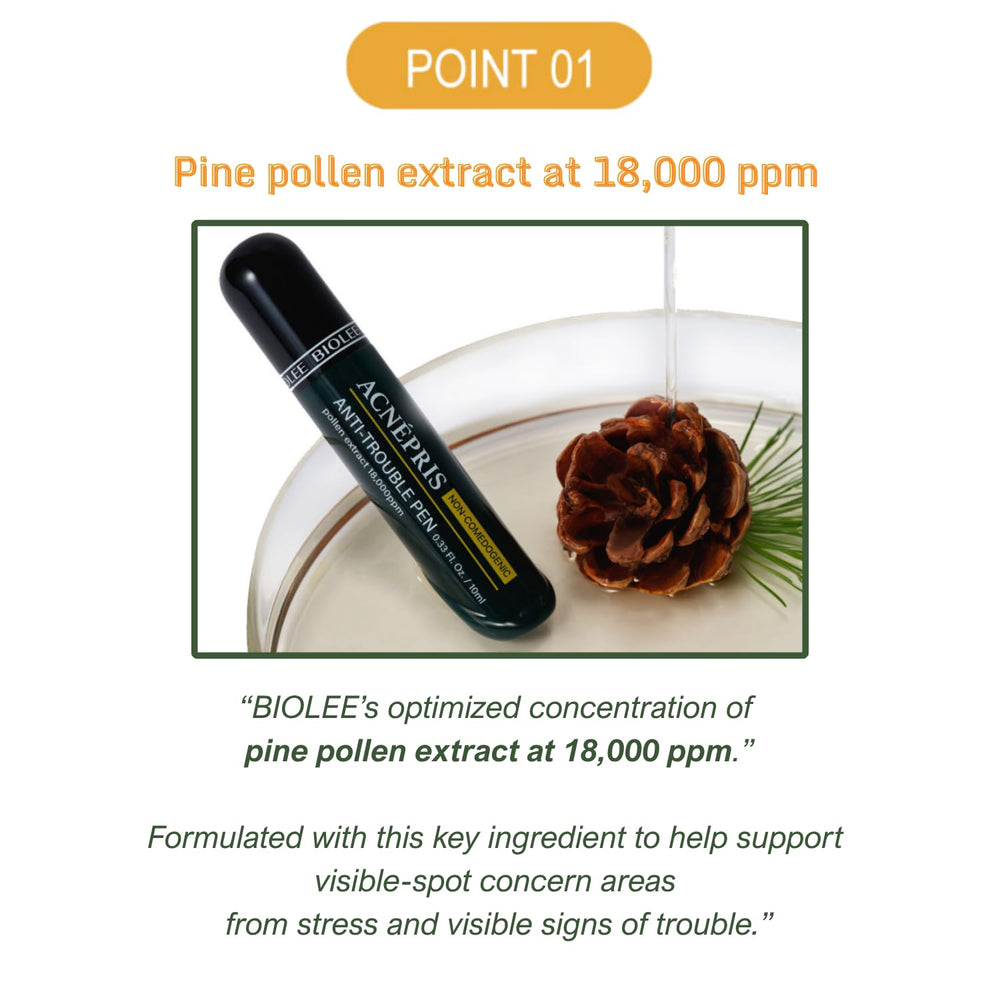 BIOLEE ACNEPRIS pine pollen roll-on applied to a blemish with refreshing touch