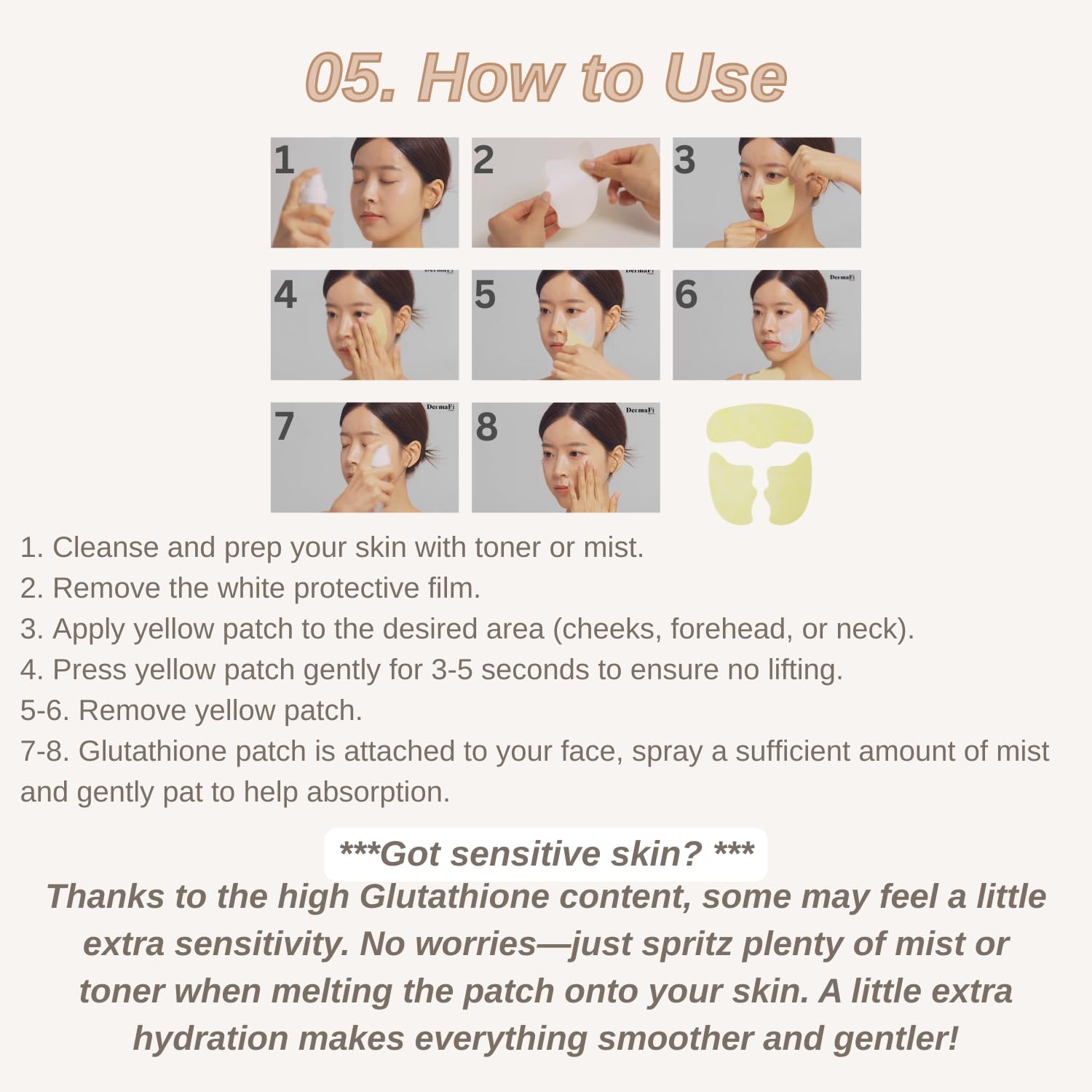Produco DermaFi patch melting tip suggests mist or toner for easier application.