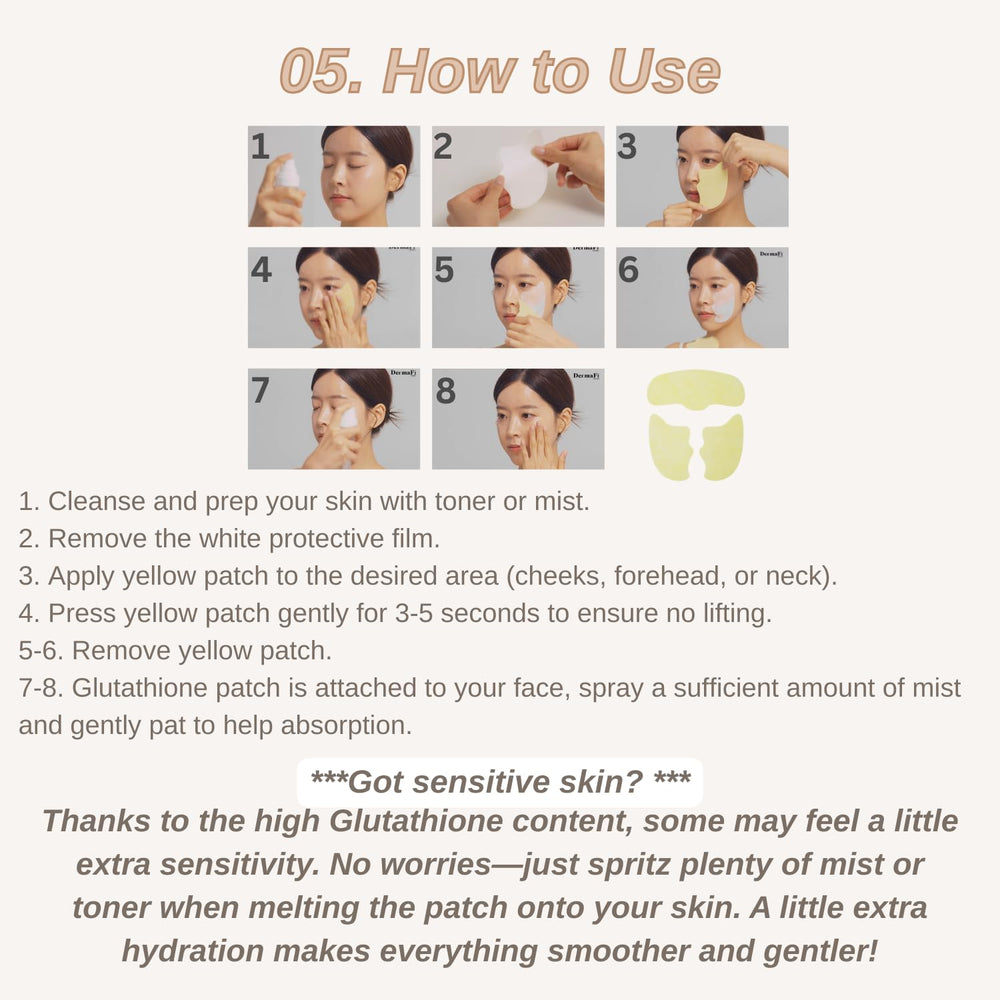 Produco DermaFi patch melting tip suggests mist or toner for easier application.