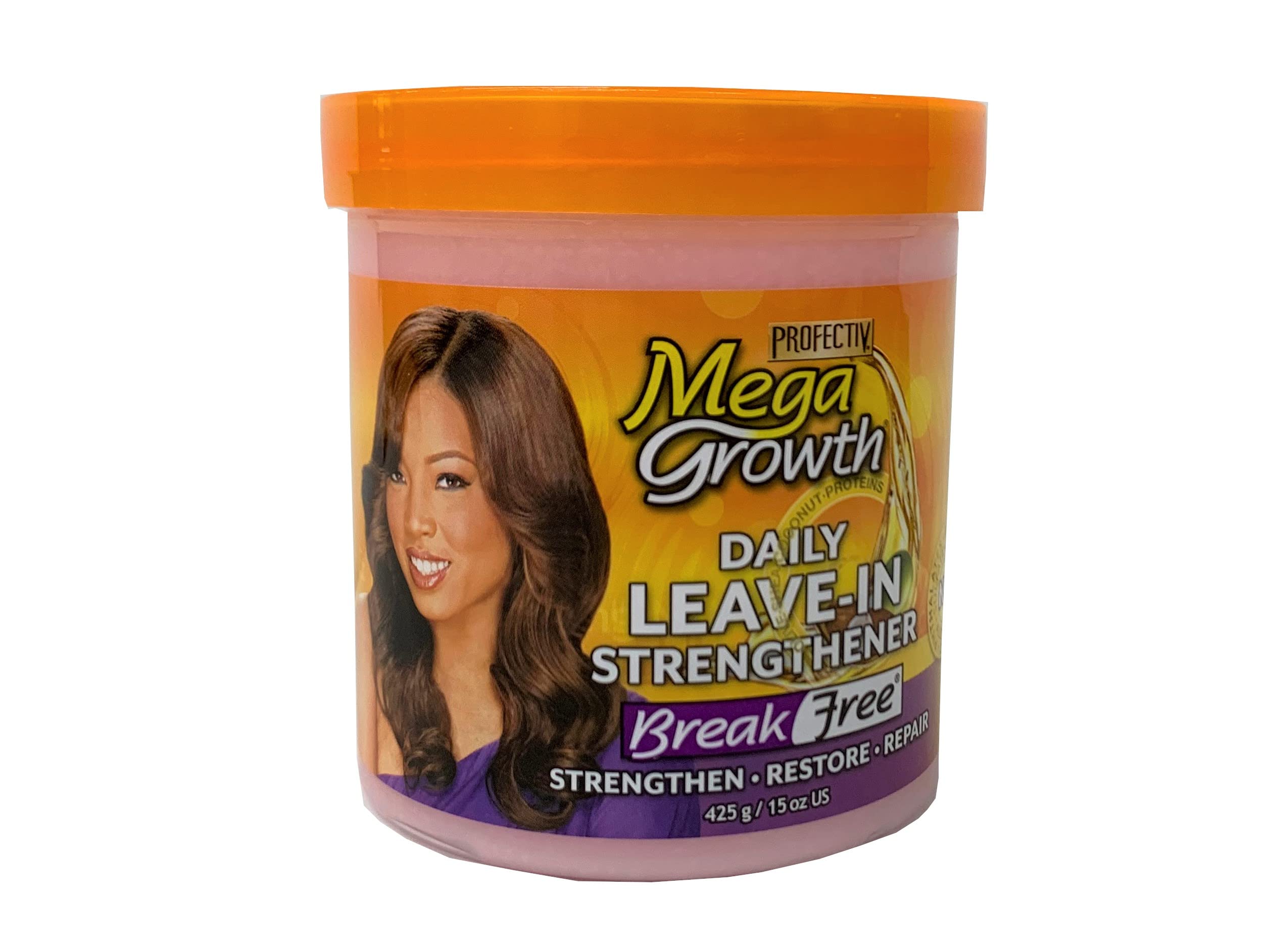Profectiv Mega Growth Break Free Leave-In bottle pour showing hair protection benefits