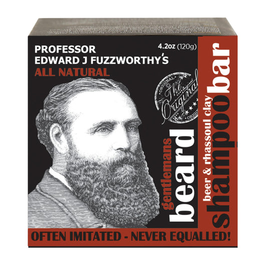 Professor Fuzzworthy's beard shampoo bar packaging highlights eco-friendly design for travel.