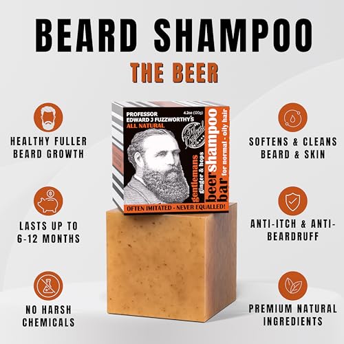 Close-up of Professor Fuzzworthy's Gentlemans Beer Shampoo Bar showing natural Tasmanian ingredients.
