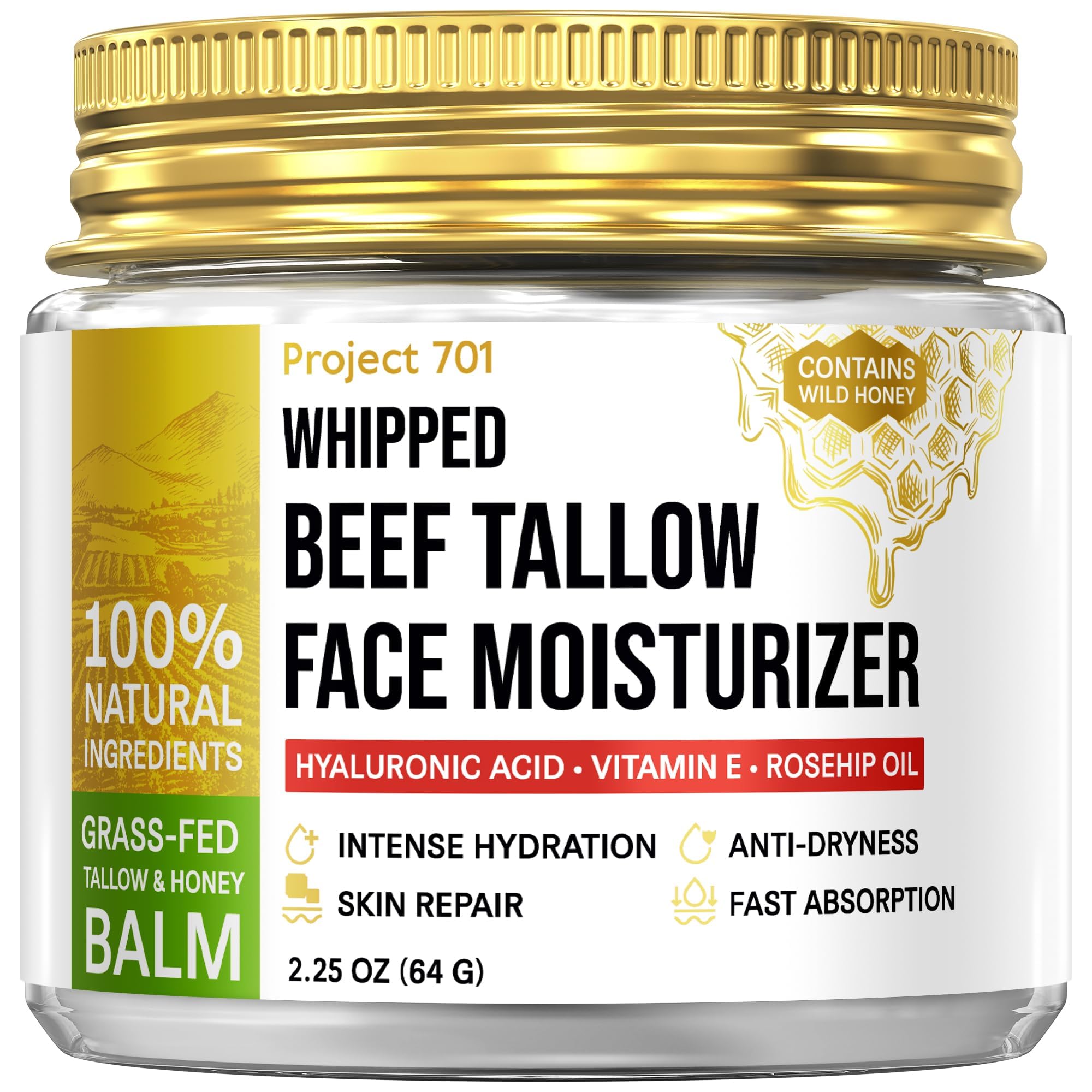 PROJECT 701 beef tallow face moisturizer jar closeup highlighting glass container preserves potency.
