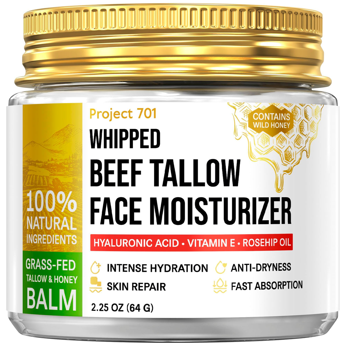 PROJECT 701 beef tallow face moisturizer jar closeup highlighting glass container preserves potency.