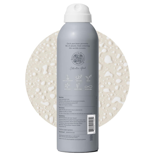 Project Reef Aloe Cooling Mist bottle side highlighting lightweight, non-sticky cooling