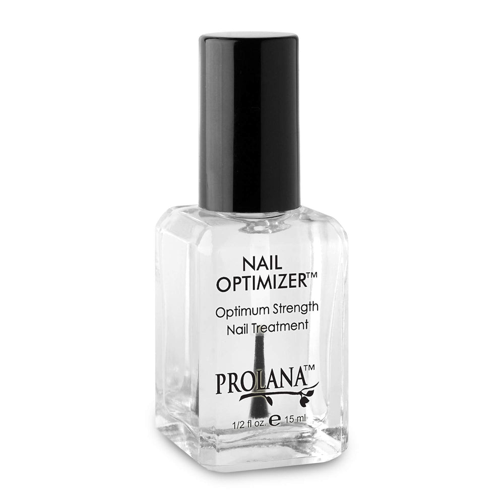 Prolana Nail Optimizer bottle closeup shows a protein-rich formula for stronger nails.
