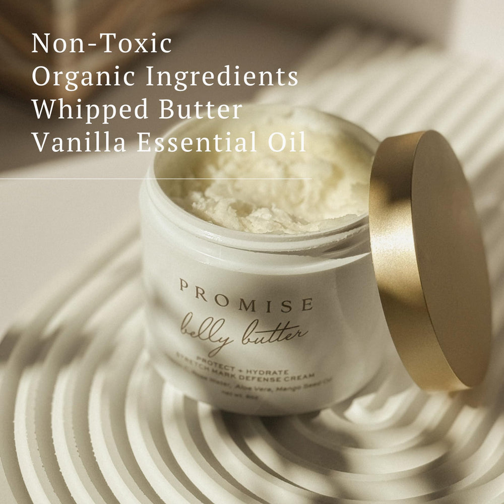 USA-made Promise Belly Butter packaging supports premium skincare.