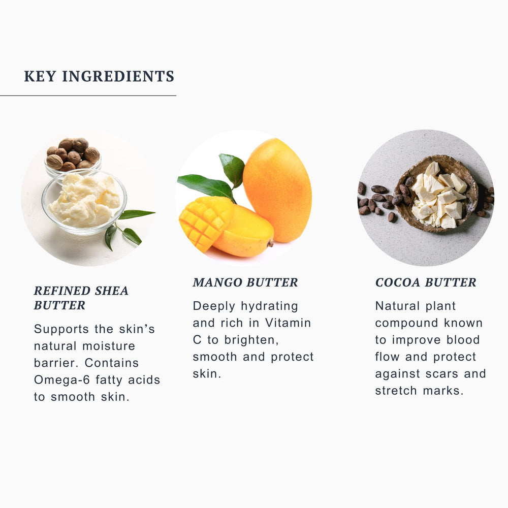 Promise Belly Butter with Vitamin C and Rose Water hydrates and energizes skin.