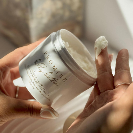 Whipped texture of Promise Belly Butter highlights fast-drying moisture.