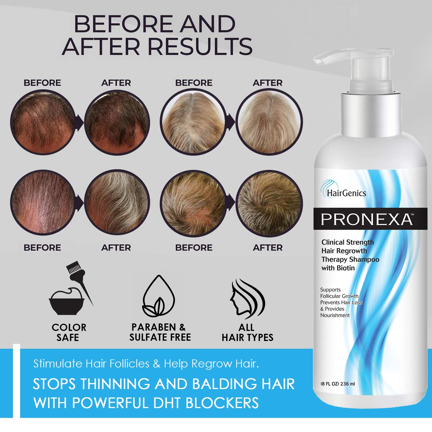 Pronexa Hairgenics clinical shampoo ingredients panel featuring biotin and collagen benefits.