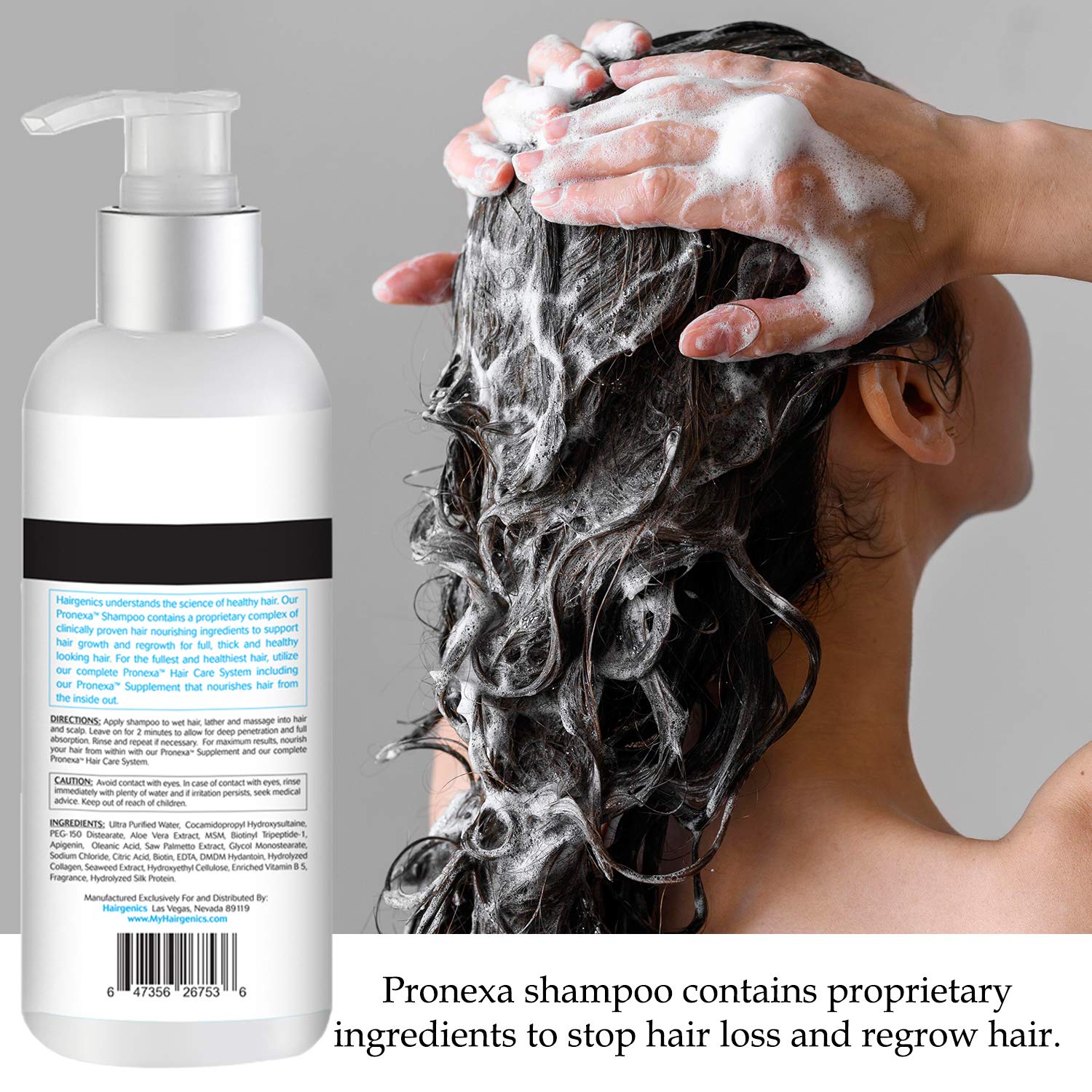 Pronexa Hairgenics clinical shampoo packaging box displayed on a shelf.