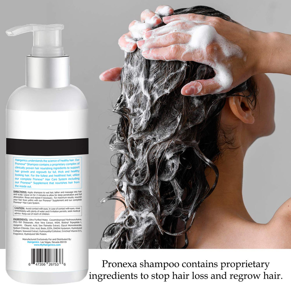 Pronexa Hairgenics clinical shampoo packaging box displayed on a shelf.