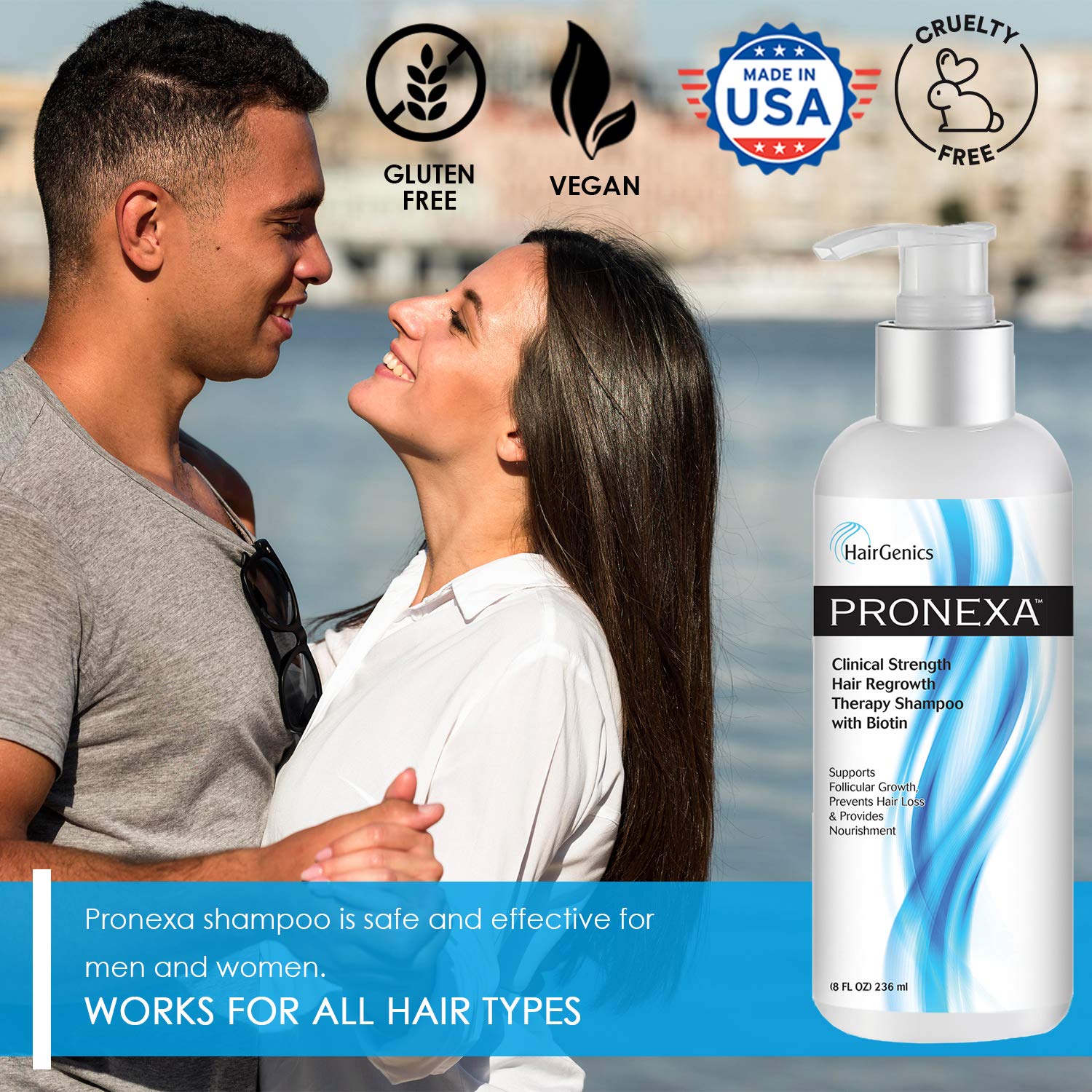 Pronexa Hairgenics clinical shampoo label close-up highlighting biotin and collagen for nourishment.