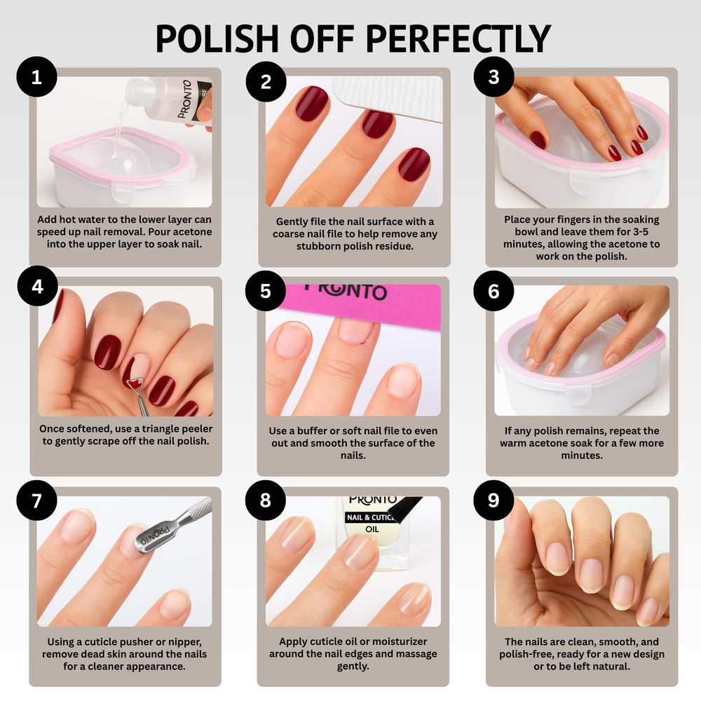 Pronto Cuticle Oil Bottle nourishes nails after remover to maintain healthy-looking cuticles.