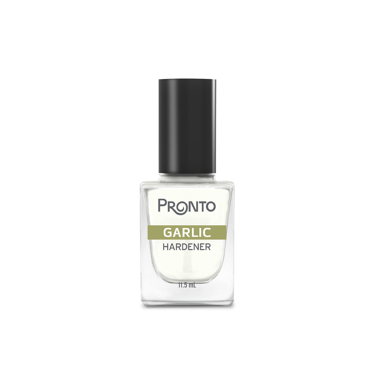 Pronto Garlic Hardener bottle closeup showing base and top coat protection for nails