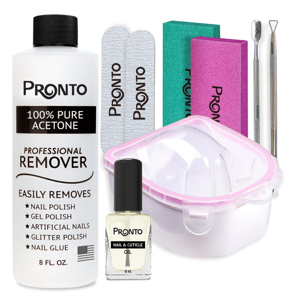Pronto Gel Polish Remover bottle facilitates at-home gel polish removal for a clean start.