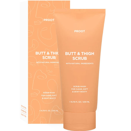 PROOT Butt Scrub Wash bottle—gentle exfoliation for smoother skin after shower.