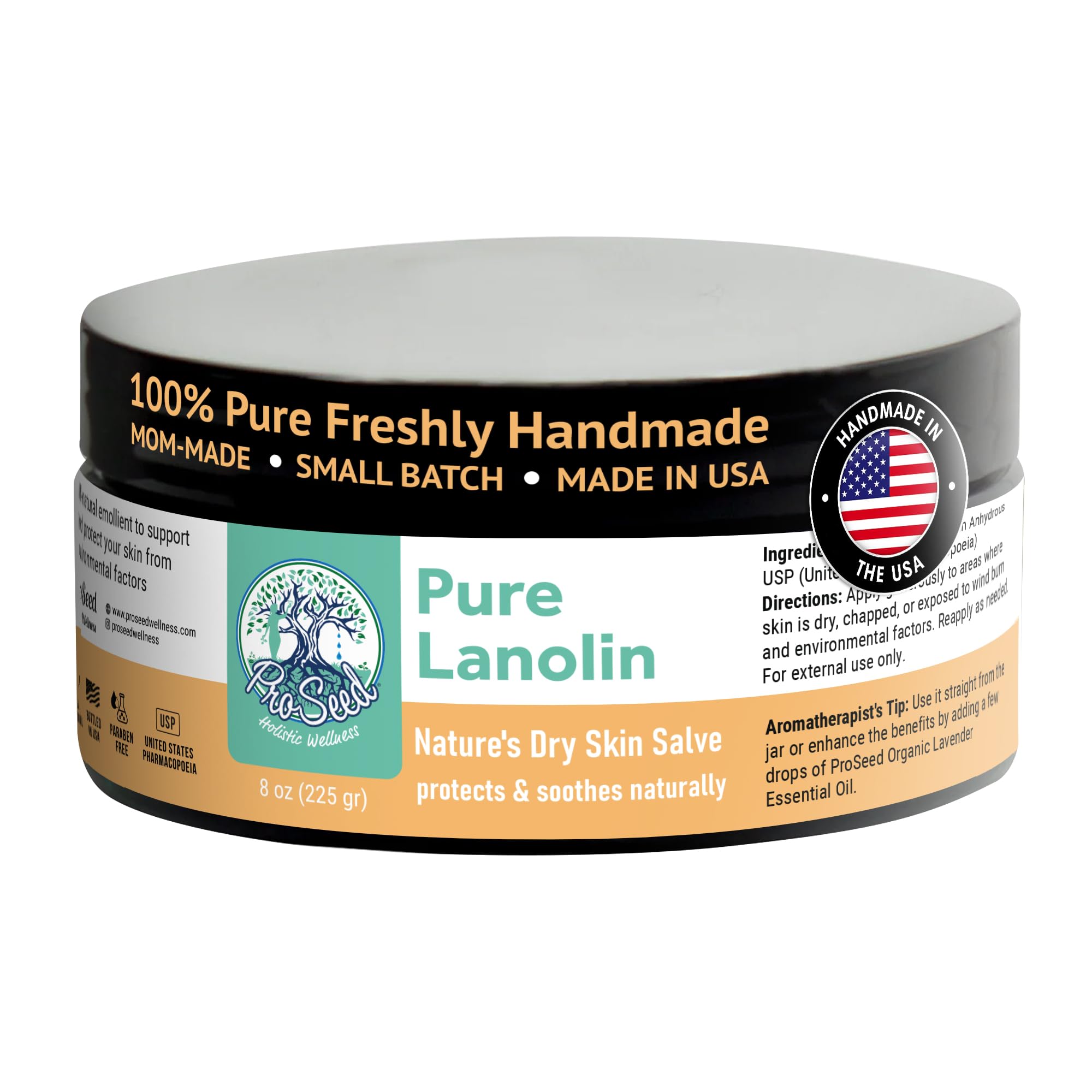 ProSeed Lanolin Cream jar close-up, pure moisturizer for dry skin, lips, and hands.
