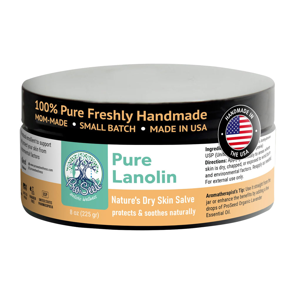 ProSeed Lanolin Cream jar close-up, pure moisturizer for dry skin, lips, and hands.