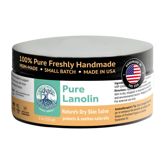 ProSeed Lanolin Cream jar close-up, pure moisturizer for dry skin, lips, and hands.