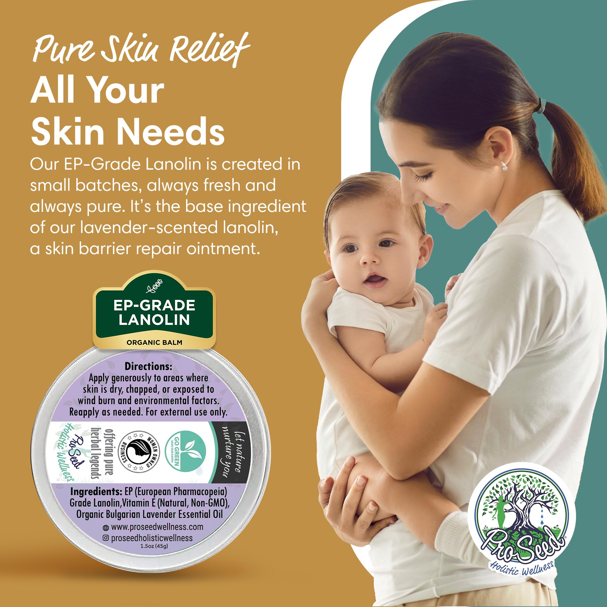 ProSeed Nursing Balm being applied, demonstrating gentle moisture for moms.