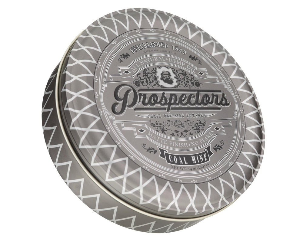 PROSPECTORS Coal Mine Matte Clay Pomade tin shown for natural hold and easy styling.