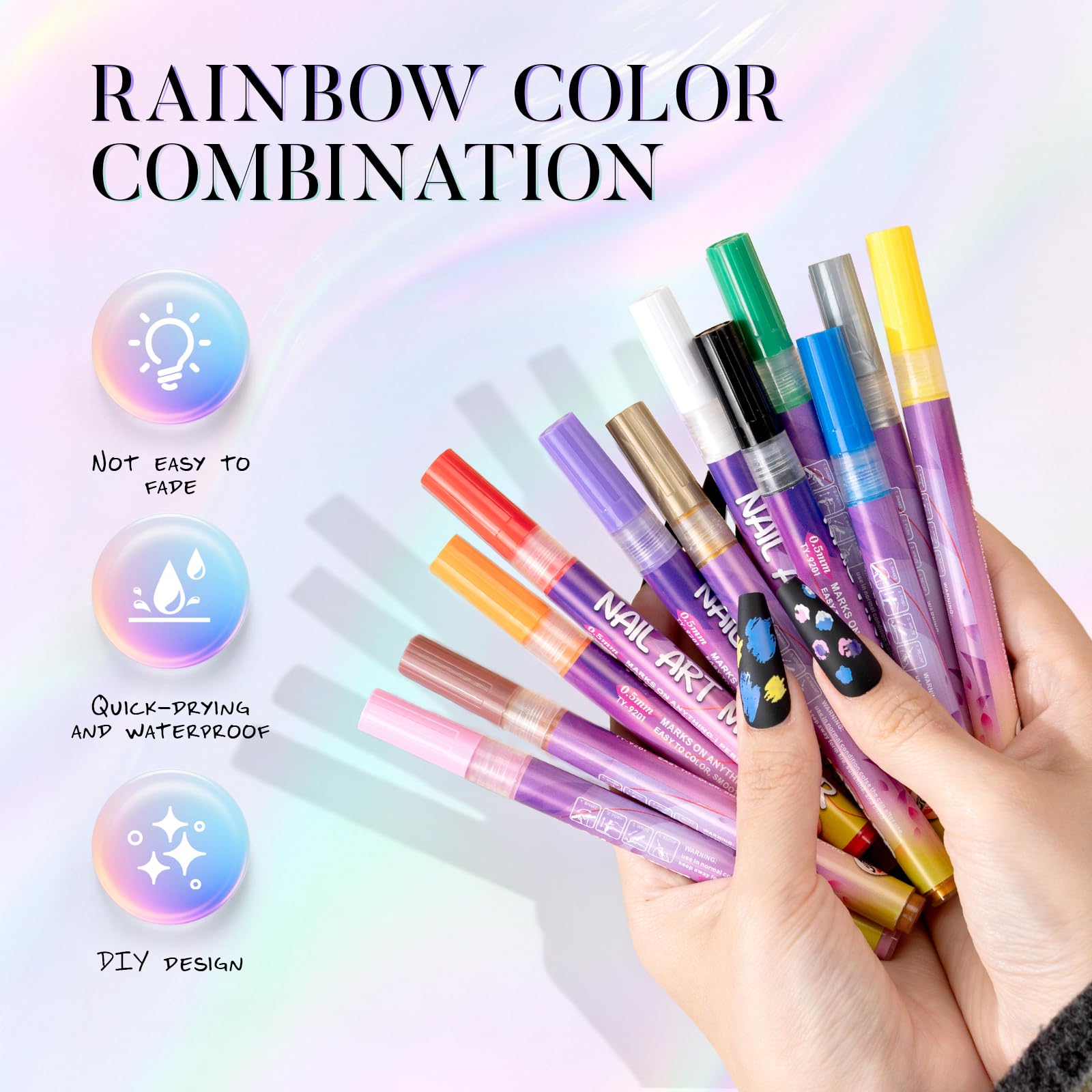 Shake to activate and start drawing on clean nails.