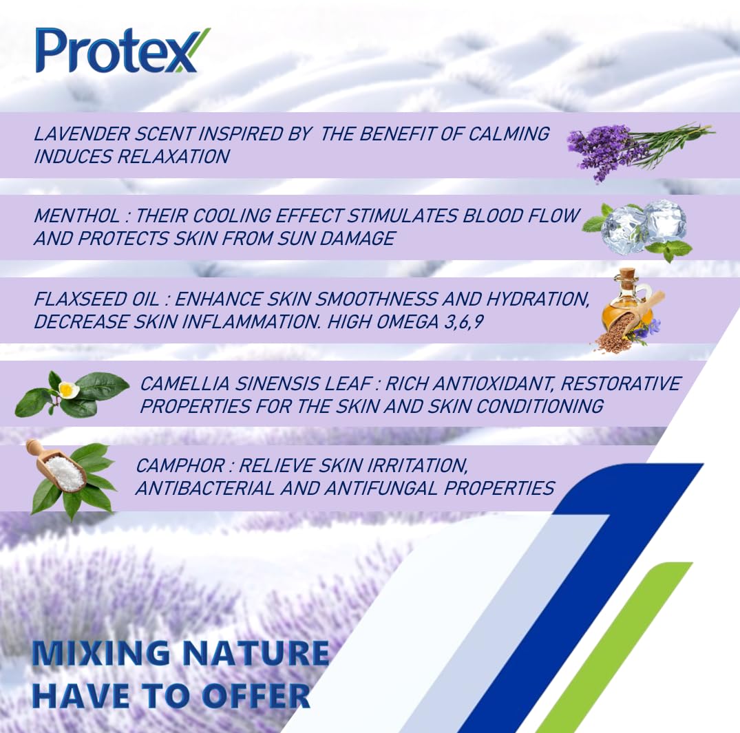 Protex Lavender Ice Freeze bar soap with flaxseed oil for gentle care.