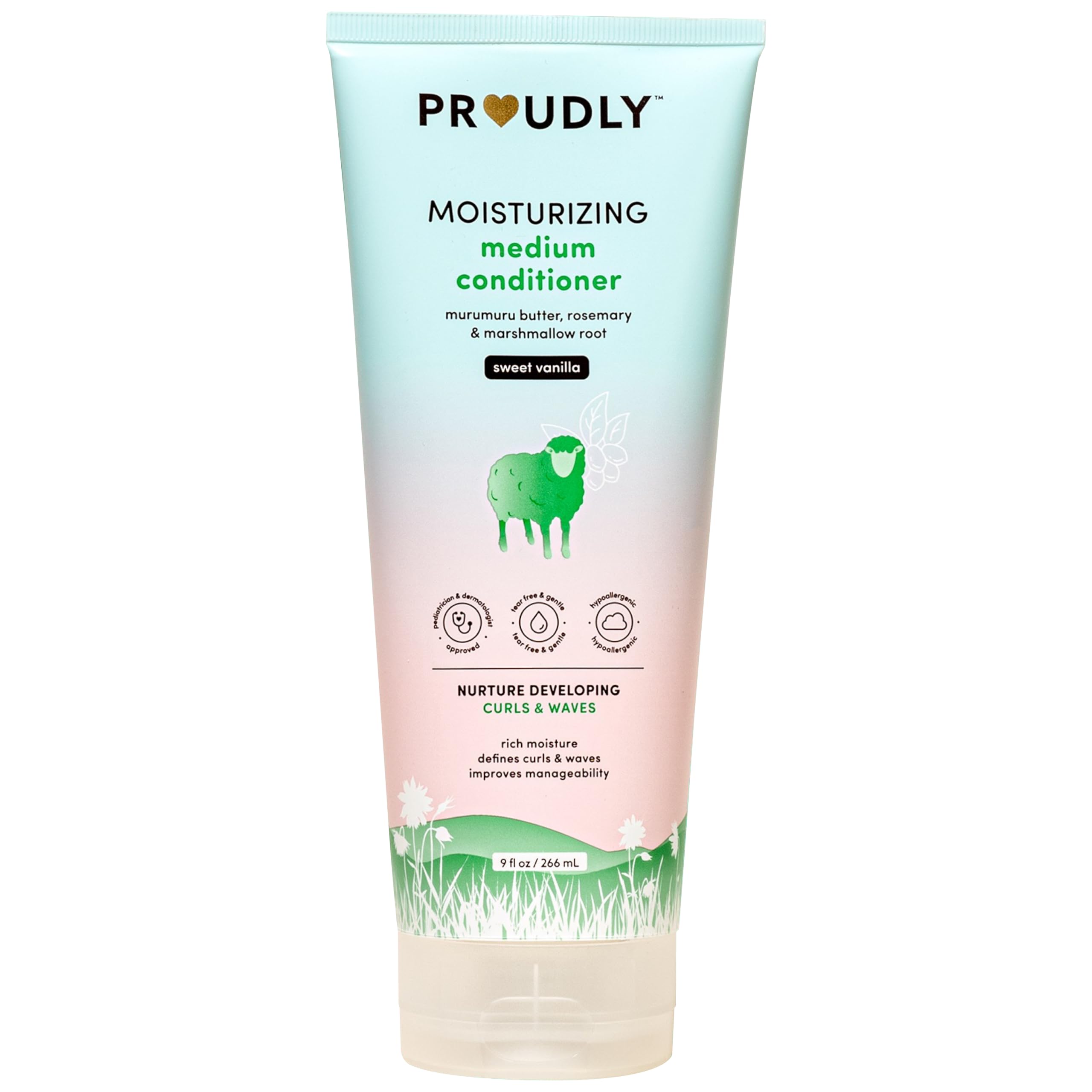 PROUDLY Moisturizing Baby Conditioner bottle pour highlights hydration for curls