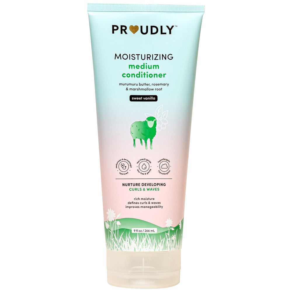 PROUDLY Moisturizing Baby Conditioner bottle pour highlights hydration for curls