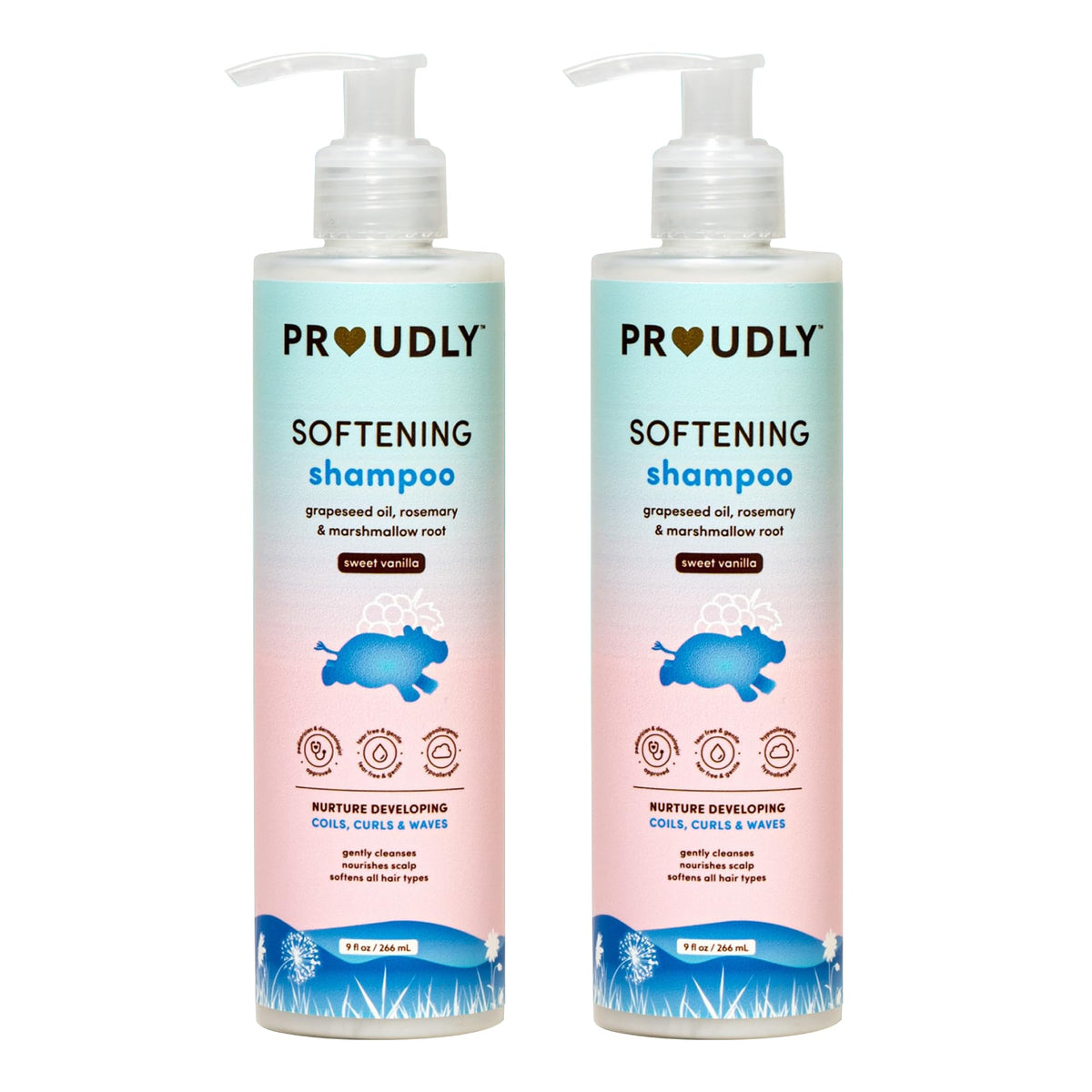 PROUDLY Softening Shampoo bottle showing gentle cleansing for babies' curls