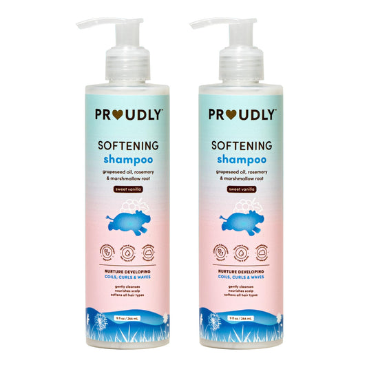 PROUDLY Softening Shampoo bottle showing gentle cleansing for babies' curls