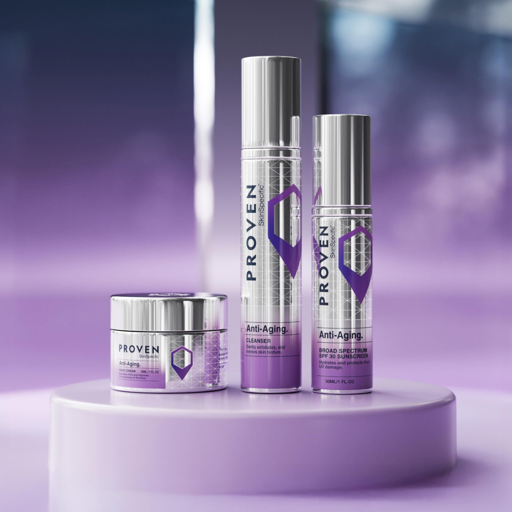 PROVEN SkinSpecific three-step kit display communicates a complete routine for dry skin care