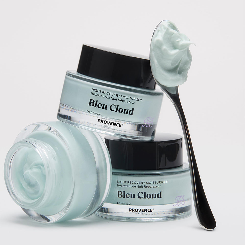 Provence Beauty Bleu Cloud Night Moisturizer tub closeup highlights rich, fast-absorbing hydration