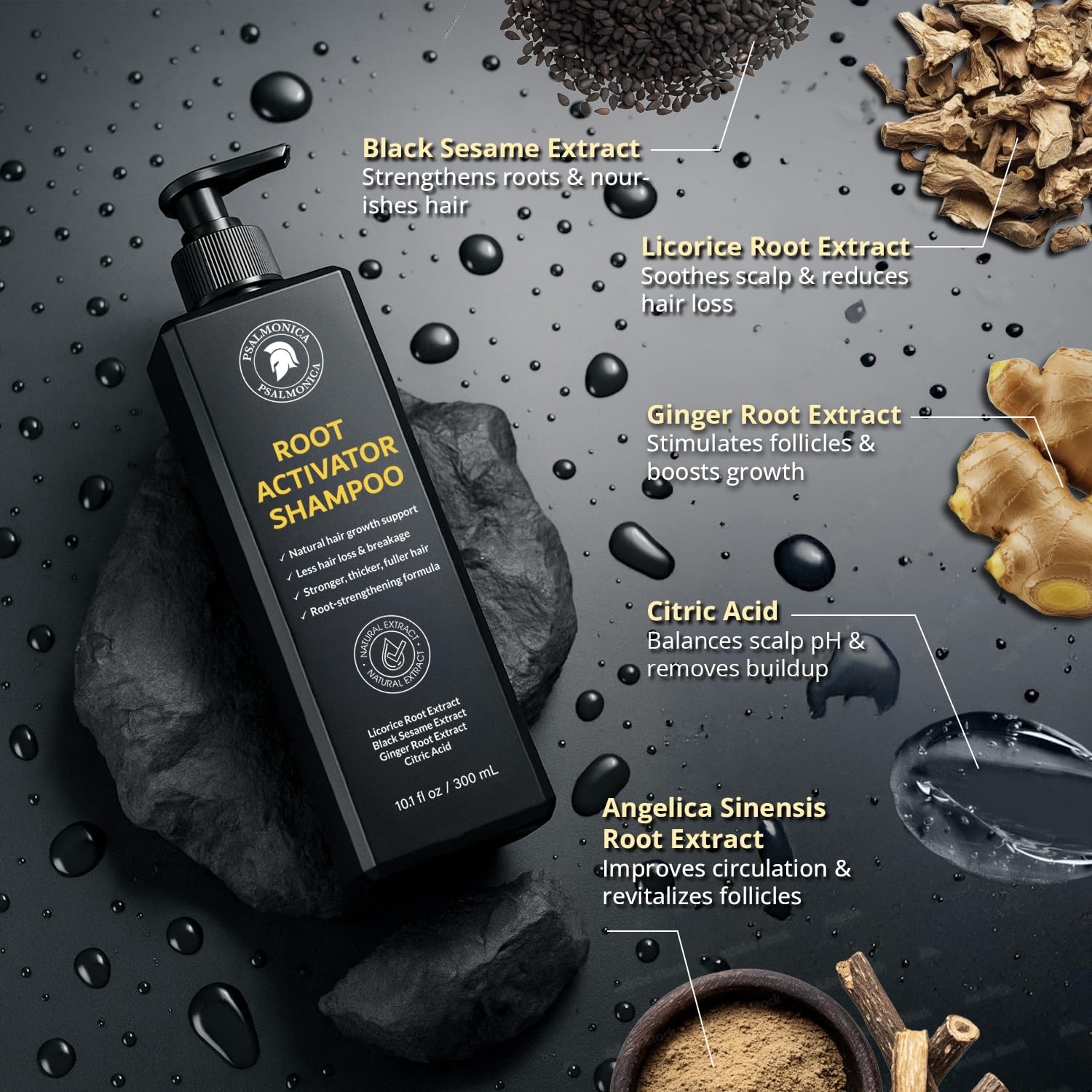 Psalmonica Root Activator bottle shows Angelica Sinensis for soothing scalp.